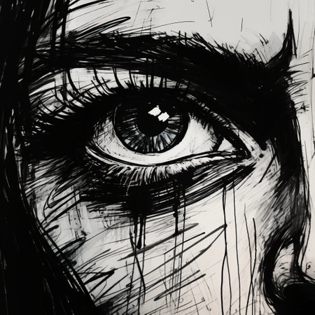 a closeup photo capturing george's face in darkness, featuring scratchy pen strokes and a blind contour technique. the fisheye perspective adds a unique touch to the stark hatch shaded sketchy style, highlighting the strong angular shapes and woodcut shading. the pen strokes beautifully depict pouty lips and hungry eyes, creating a minimalist realistic feel with anime proportions and a distorted perspective. ai generatedの素材