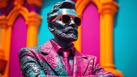 a man in a suit and sunglasses adorned in neon colors resembling the style of an abstract colorist sculptor. the image showcases photorealistic detail combined with baroque-inspired sculptures in a saturated color palette. this artwork is a fusion of indian pop culture elements made of liquid metal, exuding a psychedelic surrealism aesthetic. ai generatedの素材