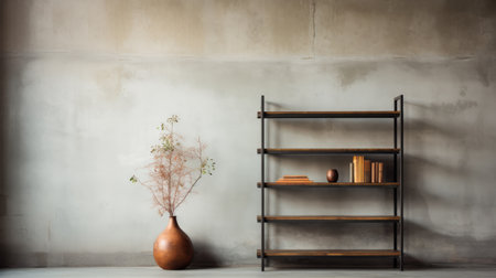a minimalist editorial-style photograph showcasing a zoomed-in view of a sleek etagere in an empty, clean brutalist environment. captured using a mamiya rz67 camera, this image highlights the simplicity and elegance of the subject, merging modern design with a touch of artistic flair. ai generatedの素材