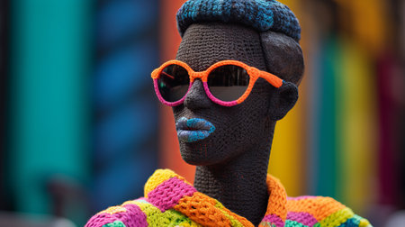 a black individual dons vibrant, neo-traditional sweaters and chic sunglasses, showcasing textured detail similar to a conceptual sculpture. the knitted and crocheted patterns, captured by a steven klein-esque lens with shallow depth of field, echo the artistry of amandine van ray. ai generatedの素材