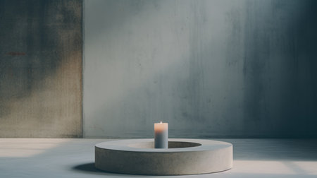 a candle holder captured in an editorial style photograph, showcasing its simplicity and clean design. the image is set in an empty brutalist environment, creating a minimalist aesthetic. shot with a mamiya rz67 camera, the photograph is zoomed in to highlight the intricate details of the candle holder. ai generatedの素材