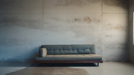 couch bed in a simple and clean brutalist environment captured in an editorial style photograph. shot with a mamiya rz67 camera, the image showcases the zoomed-in details of the couch bed. the minimalistic setting adds to the overall aesthetic appeal of the composition. ai generatedの素材