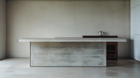 a minimalist editorial-style photograph captures a zoomed-in view of a kitchen island in a clean and empty brutalist environment. shot with a mamiya rz67 camera, the image showcases the simplicity and elegance of the kitchen island design. ai generatedの素材
