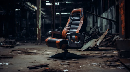a zoomed-in editorial style photograph showcases a gaming chair in a minimalist and empty brutalist environment. captured with a mamiya rz67 camera, the image highlights the simplicity and cleanliness of the setting, creating a visually striking composition. ai generatedの素材