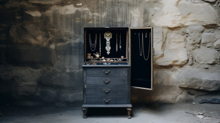 jewelry armoire showcased in a minimalist, empty brutalist setting. captured with a mamiya rz67 camera, the photograph offers a zoomed-in perspective, highlighting the clean and simple design of the armoire. ai generatedの素材