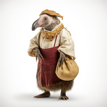 an adorable anteater dressed in traditional bavarian attire poses confidently on a clean white backdrop, while a rustic potato sack lies gracefully at their feet. this charming photo captures the unique combination of bavarian culture and the natural world, creating a delightful visual contrast. ai generatedの素材