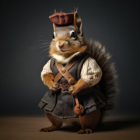 a bavarian squirrel dressed in traditional clothing stands on a white background, with a potato sack placed in front of it. the adorable squirrel showcases the charm of bavarian culture, while the potato sack adds a rustic touch to the scene. ai generatedの素材