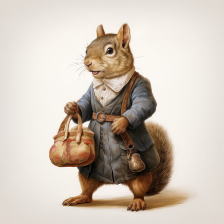 a bavarian squirrel dressed in traditional clothing stands on a white background, with a potato sack placed in front of it. the adorable squirrel showcases the charm of bavarian culture, while the potato sack adds a rustic touch to the scene. ai generatedの素材