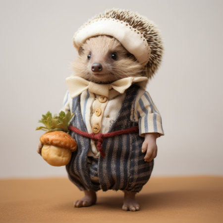 hedgehog in bavarian attire, posing on white background with potato sack. ai generatedの素材