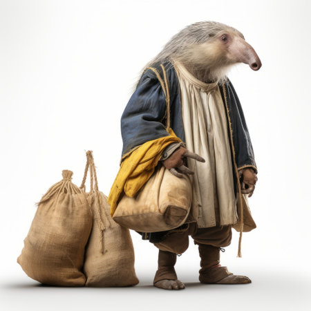 an adorable anteater dressed in traditional bavarian attire, posing confidently on a clean white backdrop. a rustic potato sack lies gracefully on the floor, adding a touch of charm to the scene. ai generatedの素材