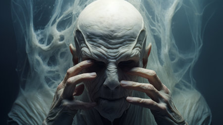 the photo features a hyper-realistic sci-fi style image created by alessio albi and bryce 3d. the alabaster old creature is shown in shock, with hands on top of its head, conveying strong emotions. the white text adds a minimalistic touch to the image. the photo has minimal retouching, giving it a grainy and tenebrous appearance. the bold and dynamic lines enhance the overall impact ofの素材