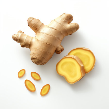a high definition photograph clipart vector image featuring a hyper realistic small piece cut out, placed next to a large ginger. this detailed image showcases the intricate details captured by a 35mm lens, providing an ultra hd quality in 8k resolution. the plain white background enhances the focus on the subject. ai generatedの素材