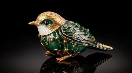 small bird sculpture with golden metal carving, ceramic body, and emerald inlays. round and full shape with realistic texture. ultra clear image quality showcases exquisite craftsmanship. ai generatedの素材