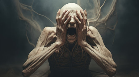 the photo features a tan old creature in shock, with hands on top of its head. the image is in the style of hyper-realistic sci-fi, with white text overlay. it is created by alessio albi using bryce 3d software, with minimal retouching. the photo has a grainy and tenebrous aesthetic, characterized by bold and dynamic lines. andrew ferez is also associated with this artwork. aiの素材