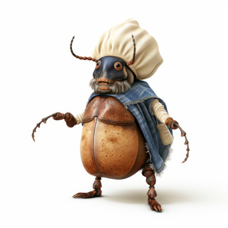 a bavarian-themed beetle, adorned in traditional clothing, poses confidently on a pristine white background. a rustic potato sack rests gracefully on the floor, adding an authentic touch to the scene. ai generatedの素材