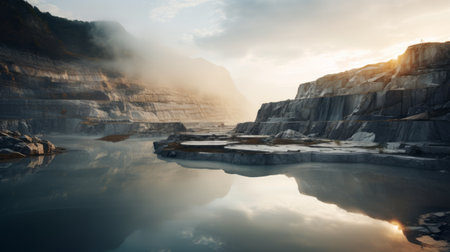 a stunning sunrise photo of a beautiful quarry, captured in ultra high resolution. the mountains are adorned with clouds, creating a mesmerizing scene. the morning mist adds an ethereal touch, with godrays casting a magical and epic atmosphere. this breathtaking image was taken using a wide angle lens on a hasselblad camera. ai generatedの素材