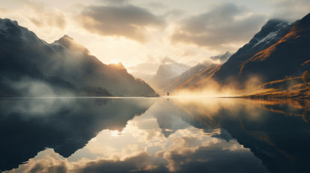 a stunning sunrise over a picturesque crescent lake, captured in ultra high resolution. majestic mountains adorned with clouds, and ethereal godrays piercing through the morning mist, create a truly magical and epic atmosphere. this breathtaking image was taken with a wide angle lens on a hasselblad camera, ensuring every detail is beautifully preserved. ai generatedの素材