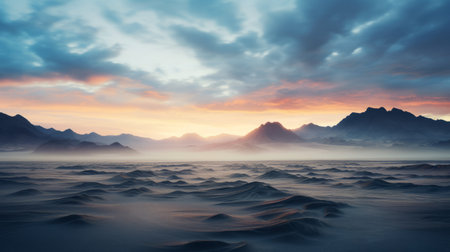 a stunning desert landscape at sunrise, captured in ultra high resolution photography. majestic mountains adorned with clouds, creating a mesmerizing scene. the morning mist adds an ethereal touch, with godrays piercing through. this magical and epic atmosphere is beautifully captured with a wide angle lens on a hasselblad camera. ai generatedの素材