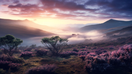 a stunning sunrise over a picturesque shrubland, captured in ultra high resolution. majestic mountains adorned with clouds, and ethereal godrays piercing through the morning mist, create a truly magical and epic atmosphere. this breathtaking image was taken using a wide angle lens on a hasselblad camera. ai generatedの素材