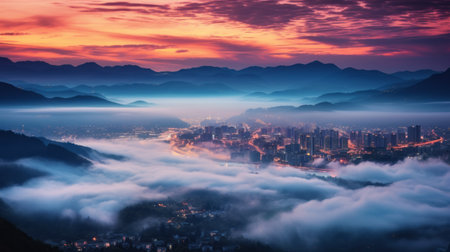 a stunning cityscape at sunrise captured in ultra high resolution photography. the mountains are adorned with clouds, creating a mesmerizing scene. the morning mist allows godrays to shine through, adding a touch of magic to the atmosphere. this epic shot was taken with a hasselblad camera using a wide angle lens. ai generatedの素材