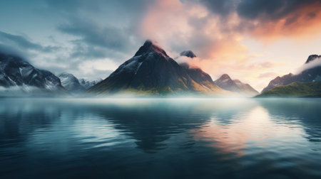 a stunning sunrise over the sea, captured in ultra high resolution photography. the mountains are adorned with clouds, creating a mesmerizing scene. godrays pierce through the morning mist, adding a touch of magic to the atmosphere. this breathtaking image was taken with a wide angle lens on a hasselblad camera, showcasing the epic beauty of nature. ai generatedの素材
