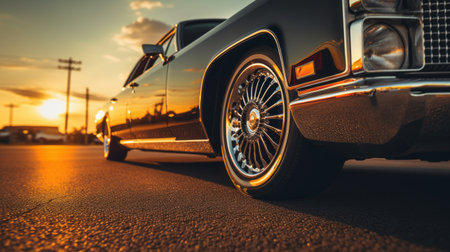 front view of a parked limo at sunset, captured in a super close-up shot. this low-angle photograph, taken with the high-resolution sony alpha a7 mark iv, showcases intricate details and a realistic depiction. the image is shot in 8k resolution, emphasizing the stunning beauty of the scene. ai generatedの素材