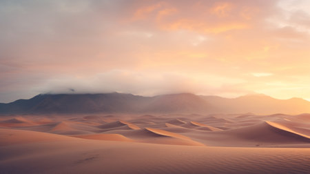 a stunning sunrise over sand dunes, captured in ultra high resolution photography. the mountains are adorned with clouds, creating a mesmerizing scene with godrays piercing through the morning mist. this wide angle shot, taken with a hasselblad camera, showcases the magical and epic atmosphere of the moment. ai generatedの素材