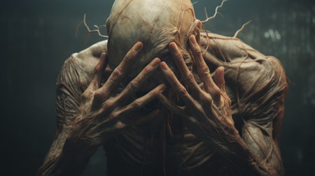 the photo features a tan old creature in shock, with hands on top of its head. the image is in the style of hyper-realistic sci-fi, with white text overlay. it is created by alessio albi using bryce 3d software, with minimal retouching. the photo has a grainy texture and showcases bold and dynamic lines, giving it a tenebrous atmosphere. andrew ferez is also associated withの素材