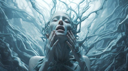 the photo features a hyper-realistic sci-fi style image created by alessio albi and bryce 3d. the sky blue old creature is shown in shock, with hands on top of its head, conveying strong emotions. the white text adds a minimalistic touch to the image. the photo has minimal retouching, giving it a grainy and tenebrous appearance. the bold and dynamic lines add to its overallの素材