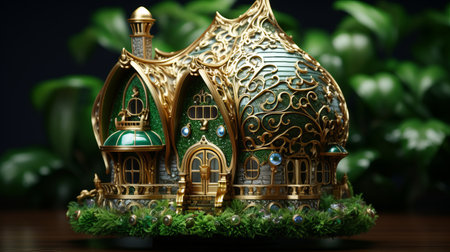 small house with golden metal carving, ceramic body, and emerald inlays, ai generatedの素材