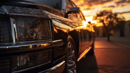 hearse parked on the side of the road at sunset, captured in a super close-up shot. this low angle photograph showcases the intricate details of the vehicle. shot on the high-resolution sony alpha a7 mark iv, the image is incredibly realistic and offers a stunning 8k quality. ai generatedの素材
