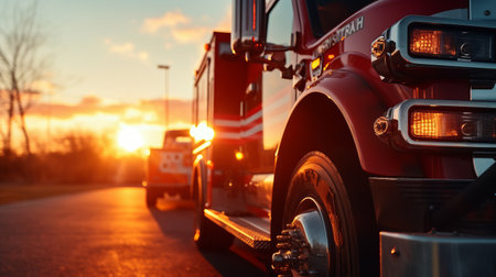 fire truck parked on the side of the road at sunset, captured in a super close-up shot. this low angle photograph, taken with the high detailed sony alpha a7 mark iv, showcases the realistic details of the truck. a stunning 8k image that highlights the power and presence of the fire truck. ai generatedの素材