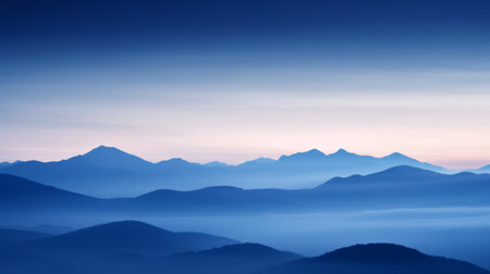 mountains are bathed in the ethereal glow of the blue hour, creating a mesmerizing and enchanting scene. this minimalist photograph captures the beauty of nature in stunning detail, showcasing the transparent hues of the landscape. shot with a canon 5d, this high-quality, 16k hd image immerses viewers in the breathtaking beauty of the mountains. ai generatedの素材