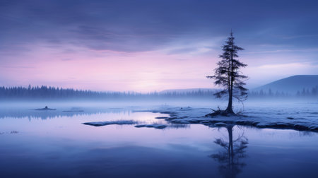 the photo showcases the breathtaking beauty of lapland as the blue hour envelops the natural landscape. with a touch of minimalism, the image captures the transparent and ethereal atmosphere of this magical wonderland. shot with a canon 5d, the high-quality, 16k hd resolution brings out the finest details of this stunning scene. ai generatedの素材