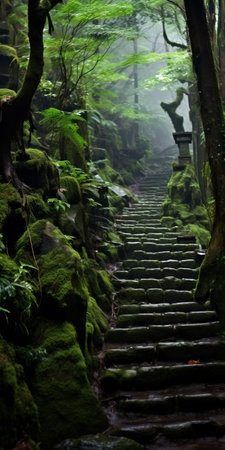 a small path on the mountainside of the canyon showcases a peculiar boxwood, reminiscent of miyazaki hayao's style. the photo captures the unique beauty of this natural setting, with the boxwood adding an enchanting touch to the landscape. ai generatedの素材