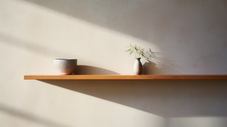 a minimalist editorial-style photograph showcasing a corner shelf in a clean and empty brutalist environment. captured with a mamiya rz67 camera, the image is zoomed in to highlight the simplicity and clean lines of the shelf. ai generatedの素材