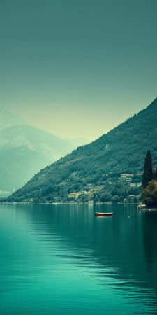 a serene mediterranean lake scene showcases a boat peacefully gliding on still waters, surrounded by majestic mountains. the image captures the essence of tranquility and reflection, with a color palette of dark green, aquamarine, dark turquoise, and light brown. the composition is reminiscent of a swiss-style lake wallpaper, creating a soothing and introspective ambiance. the photo has a webcam photography aesthetic, adding a unique touchの素材
