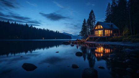 a stunning photo captures the serene beauty of a minimalist cabin at the blue hour. the transparent design of the cabin allows for an immersive experience of the surrounding natural landscape. shot with a canon 5d, this high-quality, 16k hd image showcases the magical transformation of the scenery. ai generatedの素材