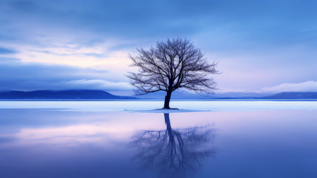 winter's natural landscape is beautifully captured in this mesmerizing photo taken with a canon 5d. as the blue hour sets in, the scene transforms into a magical wonderland. the minimalist composition and transparent elements add to the ethereal quality of this high-quality, 16k hd image. ai generatedの素材