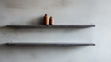 a minimalist editorial-style photograph showcasing a zoomed-in view of a wall shelf in a clean and empty brutalist environment. captured with a mamiya rz67 camera, this image highlights the simplicity and elegance of the shelf design. ai generatedの素材