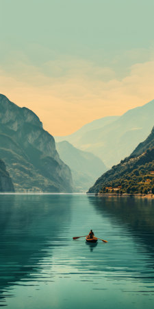 a serene mediterranean lake scene on a peninsula, showcasing a boat peacefully floating on still waters, surrounded by majestic mountains. the image exudes tranquility and introspection, with a color palette of dark green, aquamarine, dark turquoise, and light brown. the composition is reminiscent of swiss style, combining contrasting elements to create a picturesque lake wallpaper. the photo has a webcam-like quality, adding to its uniqueの素材