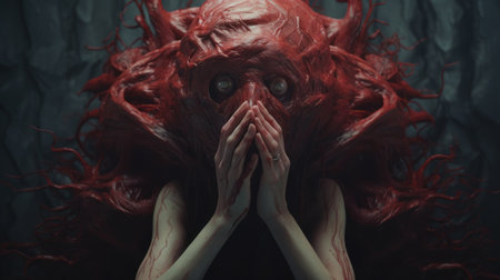 the photo features a hyper-realistic sci-fi style image created by alessio albi and bryce 3d. the white text overlays a shocking scene of a garnet old creature with hands on top of its head, displaying intense emotion. the minimal retouching adds a grainy and tenebrous effect, while bold and dynamic lines enhance the overall impact. andrew ferez's artistic touch is evident in this captivating composition.の素材