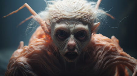 an apricot old creature in shock, with hands on top of its head, is depicted in this hyper-realistic sci-fi style photo by alessio albi. the white text adds to the dramatic effect. the image has bold and dynamic lines, with minimal retouching, giving it a grainy and tenebrous appearance. created using bryce 3d software, this photo showcases the unique artistic vision of andrew ferez. aiの素材