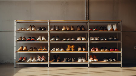 a shoe rack captured in an editorial style photograph showcases its simplicity and cleanliness against an empty brutalist environment. the image, taken with a mamiya rz67 camera, offers a zoomed-in perspective. ai generatedの素材