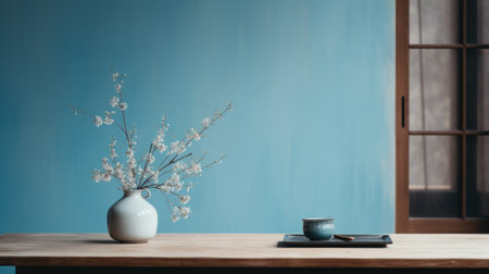 a door rests on a hemp table near a window, exuding a minimalistic japanese aesthetic in black and cyan hues. this minimalist still life captures a whimsical folk-inspired ambiance with sparse and simple decor. the intricate details of the objects, captured by an interior design photographer using a canon eos r5, emit a very real and cinemotographic feel with film grain, enhanced in 32k uhd.の素材