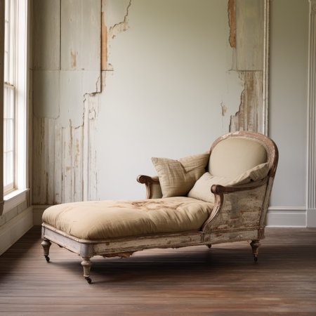 the chiffon chaise lounge, with its natural grain, cracks, and peeling paint, exudes a rustic charm that perfectly captures the essence of a vintage chaise lounge. ai generatedの素材