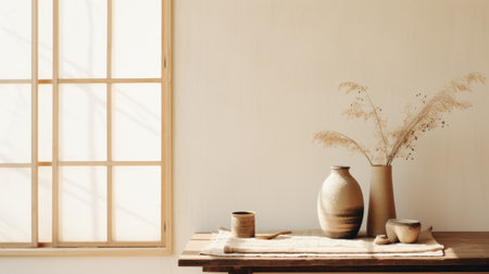 a minimalistic japanese-style door on a hemp table is captured next to a window in this photograph. the black and tan color scheme adds to the minimalist still life composition, creating a whimsical ambiance. the image showcases a sparse and simple design, with subtle, whimsical folk-inspired elements. photographed by an interior design photographer using a canon eos r5, the picture captures a lot of detailの素材