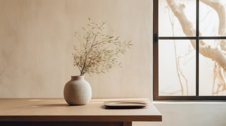 a minimalistic japanese-style door on a hemp table is positioned next to a window. the composition features a black and alabaster color scheme, creating a whimsical ambiance. this minimalist still life captures a sparse and simple aesthetic with subtle, whimsical folk-inspired elements. the photograph, taken by an interior design photographer using a canon eos r5, showcases intricate details of the objects. the use of filmの素材