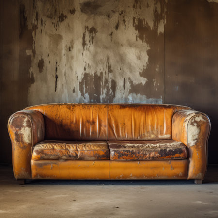 the synthetic leather couch displays a rustic charm with its natural grain, cracks, and peeling paint, embodying the vintage aesthetic flawlessly. ai generatedの素材