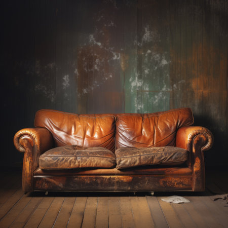 a synthetic leather couch with a rustic charm, featuring natural grain, cracks, and peeling paint. this vintage-inspired couch exudes character and adds a touch of nostalgia to any space. ai generatedの素材